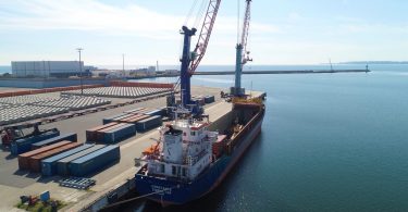 Die „MS Constance“, das neue Containerschiff für Baltic Sea Bridge, im Mukran Port.